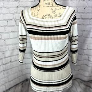 Linda Matthews Pullover Striped Sweater Black Taupe White Square Neck L